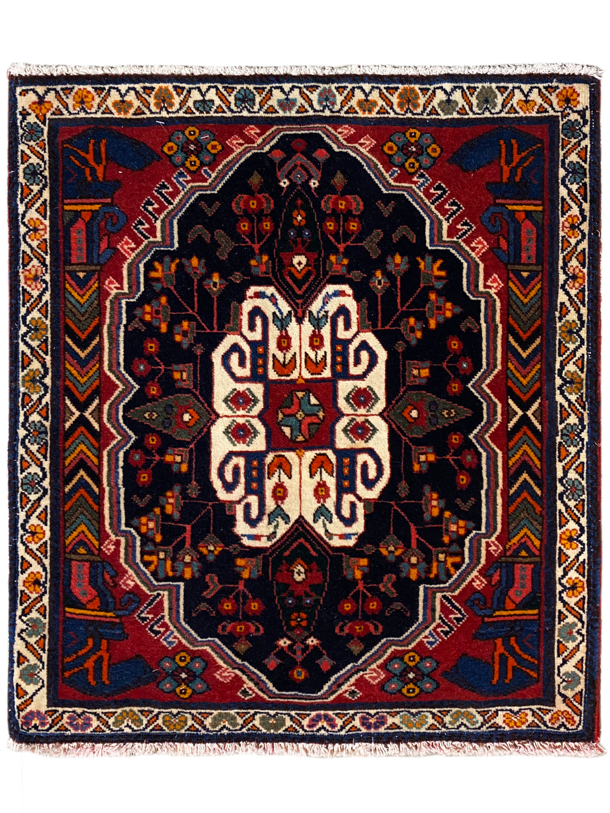 Poshti vloerkleed in vierkant ontwerp met blauwe basis en wit-rood ornamentpatroon