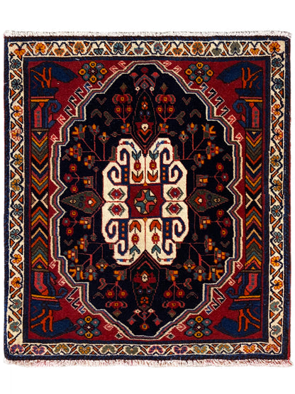 Poshti vloerkleed in vierkant ontwerp met blauwe basis en wit-rood ornamentpatroon
