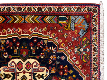 Poshti-tapijt, detail van de rand met rode, blauwe en gele ornamenten