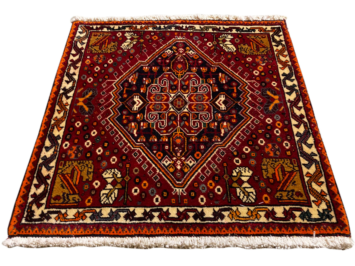 Poshti-tapijt 60x60 cm, rood tapijt met decoratieve ruit en beige rand