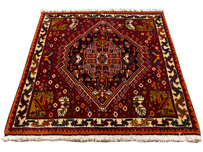 Poshti-tapijt 60x60 cm, rood tapijt met decoratieve ruit en beige rand