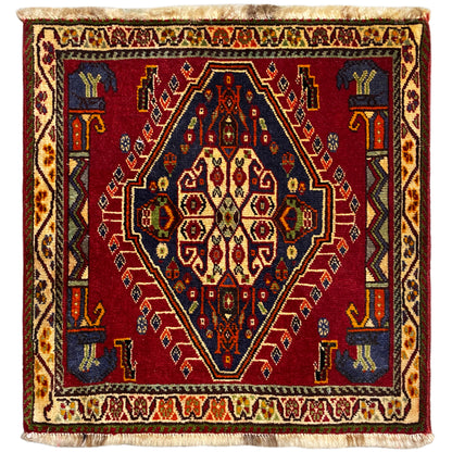 Poshti-tapijt (59×61 cm) met rood vlakpatroon, veelkleurige randen en franjes