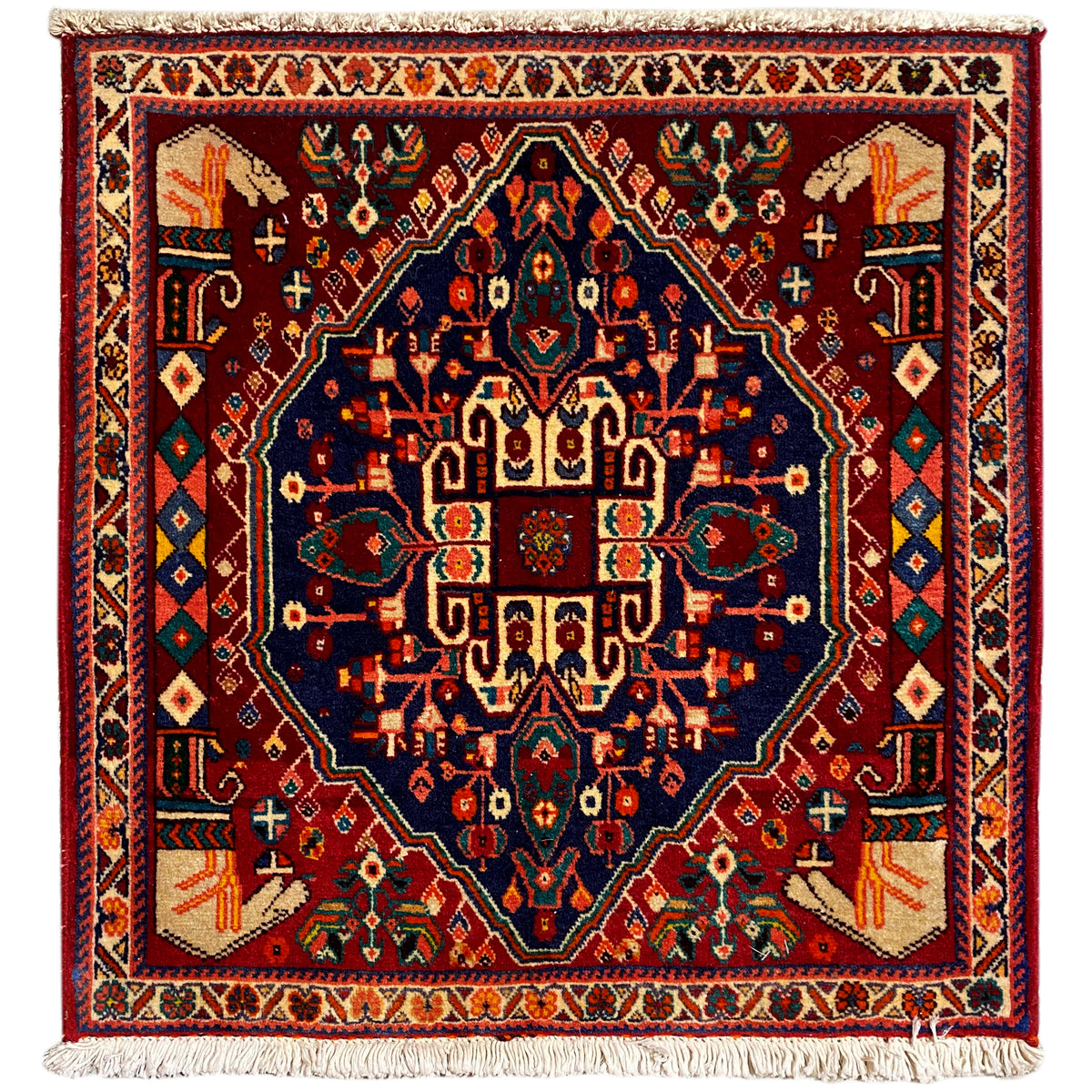 Poshti-tapijt 64x64 cm, vierkant, bordeauxrood met blauw ornament, franjes