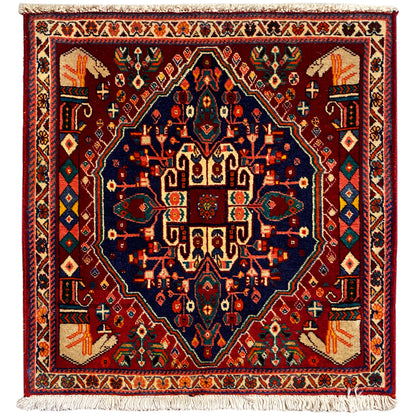 Poshti-tapijt 64x64 cm, vierkant, bordeauxrood met blauw ornament, franjes