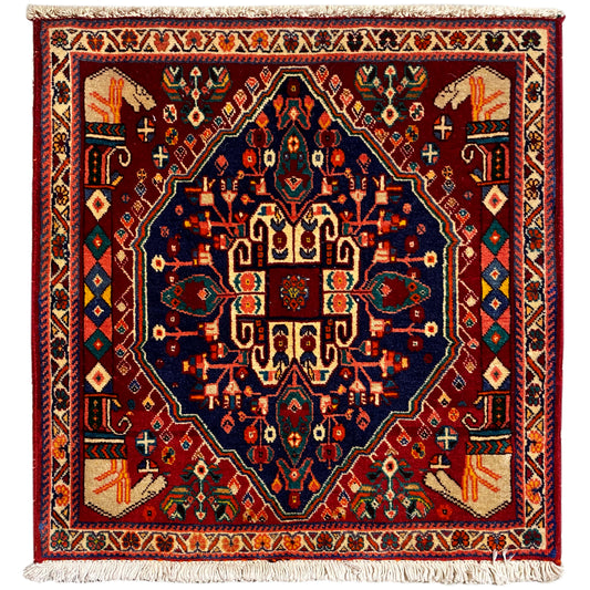Poshti-tapijt 64x64 cm, vierkant, bordeauxrood met blauw ornament, franjes