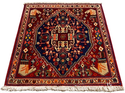 Poshti-tapijt 64x64 cm, vierkant, gedraaide weergave, bordeauxrood en donkerblauw, franjes