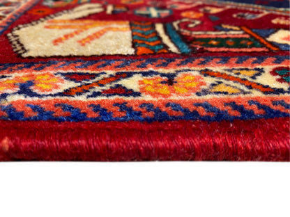 Poshti-tapijt 64x64 cm, close-up van pool en rand, rood-blauw met veelkleurige accenten