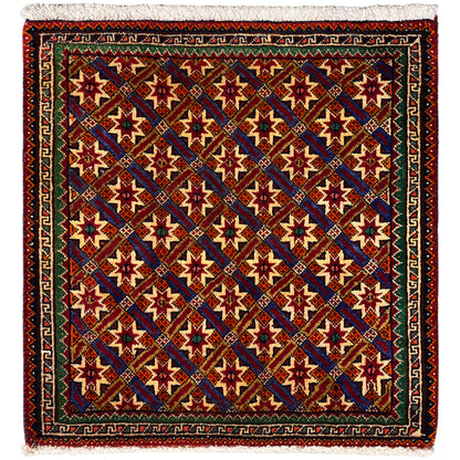 Poshti-vloerkleed 62x52 cm met geometrisch patroon, meerkleurig en franjes.