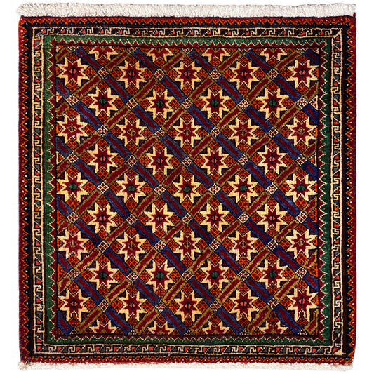 Poshti-vloerkleed 62x52 cm met geometrisch patroon, meerkleurig en franjes.