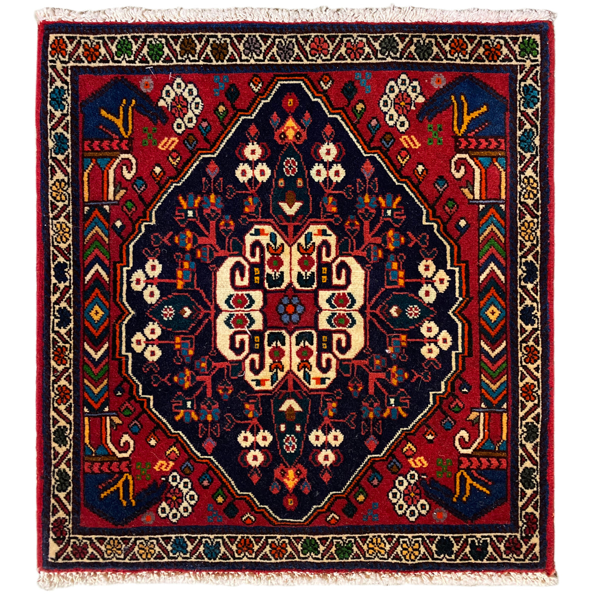 Poshti-tapijt 66x62 cm: geometrisch patroon in blauw/rood met franjes