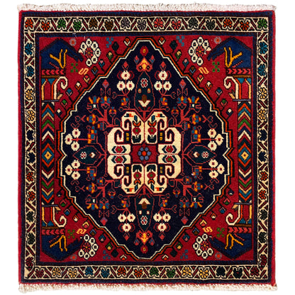 Poshti-tapijt 66x62 cm: geometrisch patroon in blauw/rood met franjes