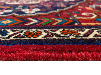 Tapijtrand met zigzag- en lijnpatronen, korte franjes, rood-blauw