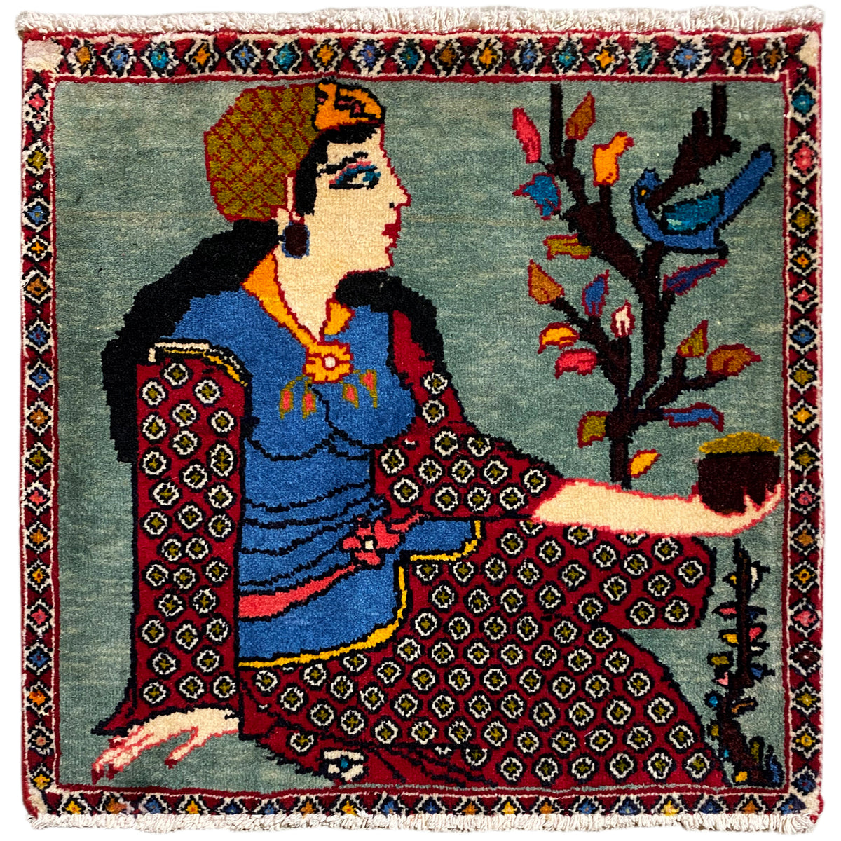 Poshti-tapijt 68x63 cm met figuur, boommotief en veelkleurige rand, franjes