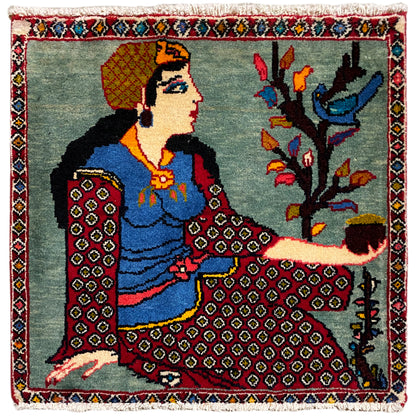Poshti-tapijt 68x63 cm met figuur, boommotief en veelkleurige rand, franjes