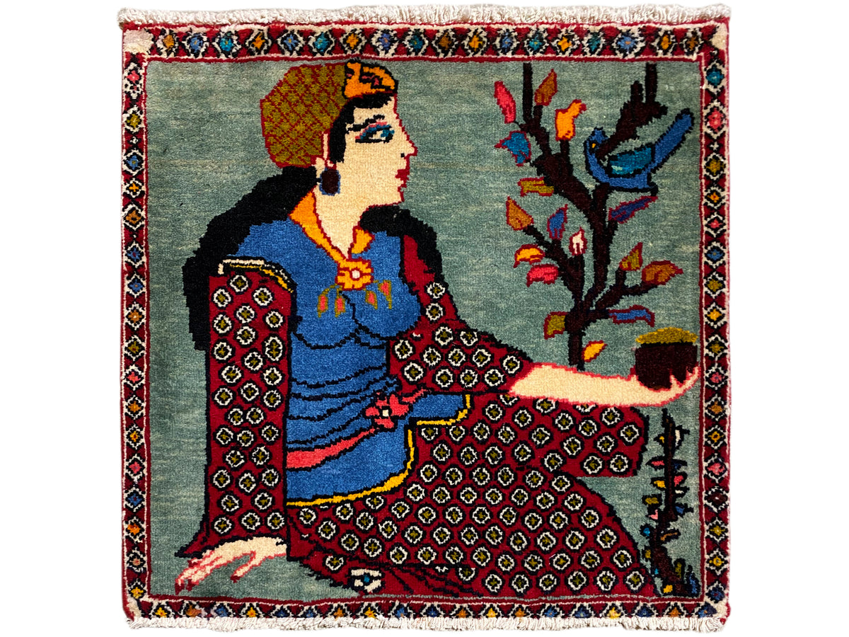 Poshti-tapijt 68x63 cm met liggende figuur en boom op de achtergrond, rand, franjes