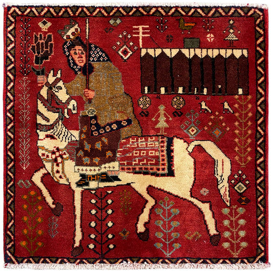 Roodbruine Poshti-tapijt met franjes, scène met vrouw en paard, 63x62 cm