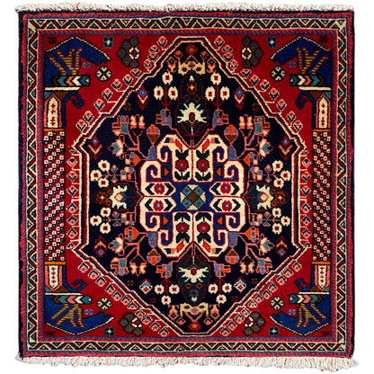 Poshti-tapijt 66x63 cm met donkerblauw, rood en een gedetailleerd ornamentpatroon