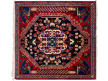 Poshti-tapijt 66x63 cm met rode rand, donkerblauwe kleur en geometrisch patroon