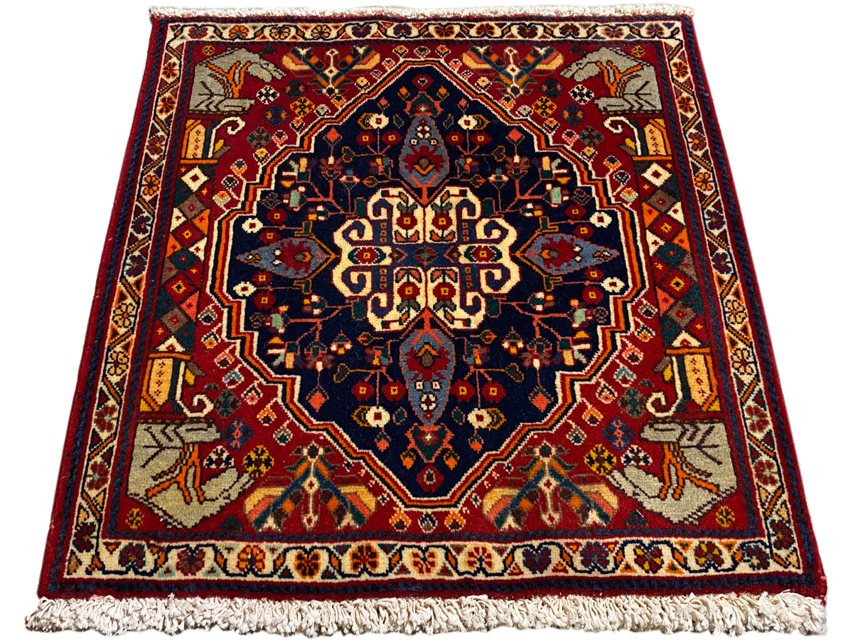 Tapijt in rood en donkerblauw met centraal ornament, rechthoekige vorm en franjes