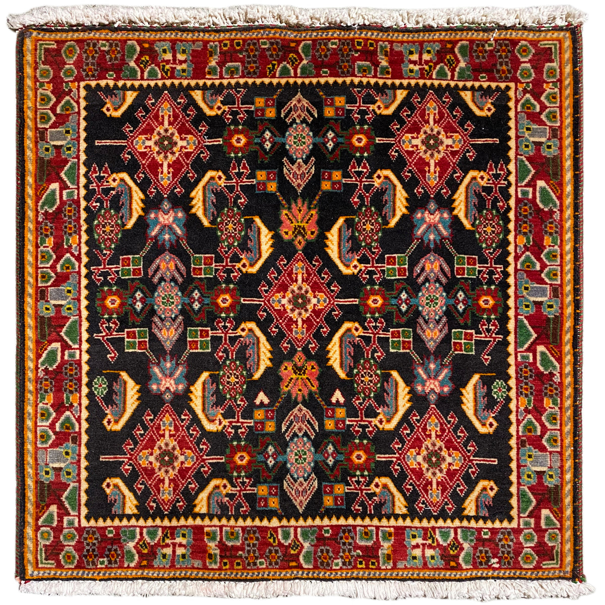 Poshti-tapijt met geometrisch patroon: zwart, rode, gele en groene tinten, 66x65 cm