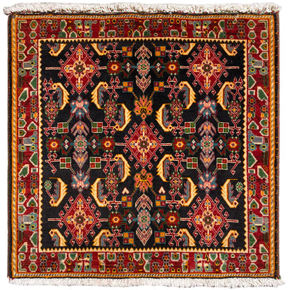 Poshti-tapijt met geometrisch patroon: zwart, rode, gele en groene tinten, 66x65 cm