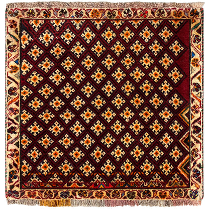 Poshti-tapijt 61x59 cm: vierkant ontwerp met geometrisch patroon, donkerrood en kleurrijk