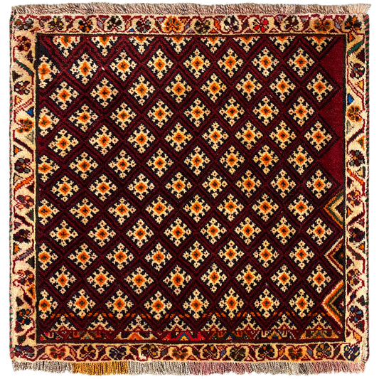 Poshti-tapijt 61x59 cm: vierkant ontwerp met geometrisch patroon, donkerrood en kleurrijk