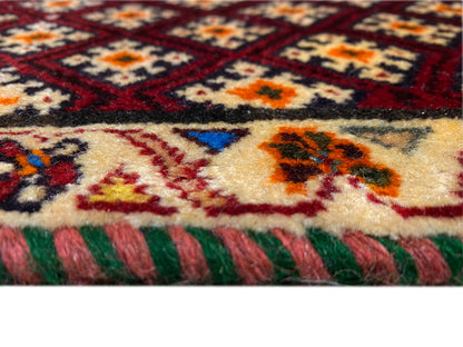 Poshti-tapijt 61x59 cm: detail van de poolstructuur en veelkleurige rand, met franjes