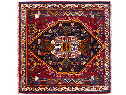 Poshti-tapijt (67×67 cm) met een meerledige medailloncompositie, donkerblauw en rood