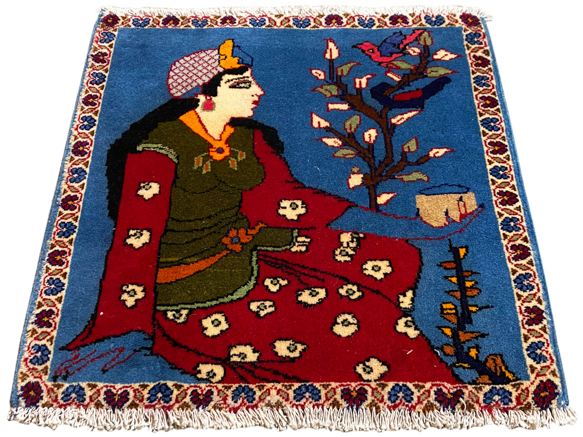 Poshti-tapijt 65x63 cm met sprookjesmotief, blauw oppervlak, rood middendeel en franjes
