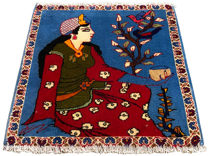 Poshti-tapijt 65x63 cm met sprookjesmotief, blauw oppervlak, rood middendeel en franjes