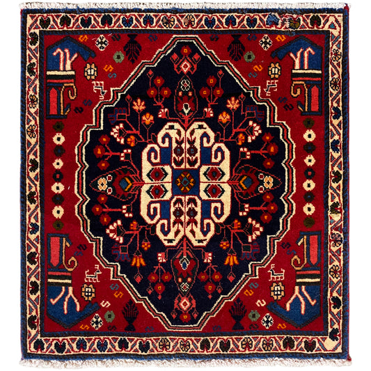 Vierkant vloerkleed met rood, blauw en beige ornamentpatroon, 68x64 cm