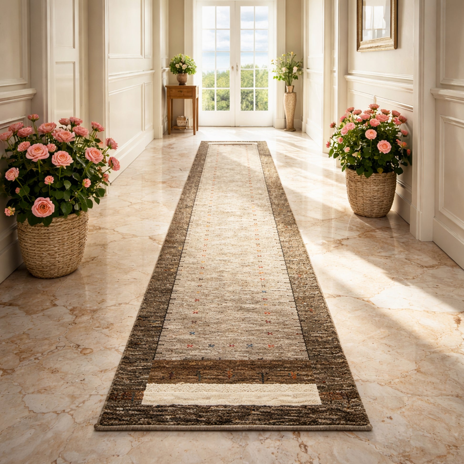 Wohnzimmer Beiger Gabbeh Läufer aus handgesponnener Wolle mit dezentem Streumuster, 506x79 cm