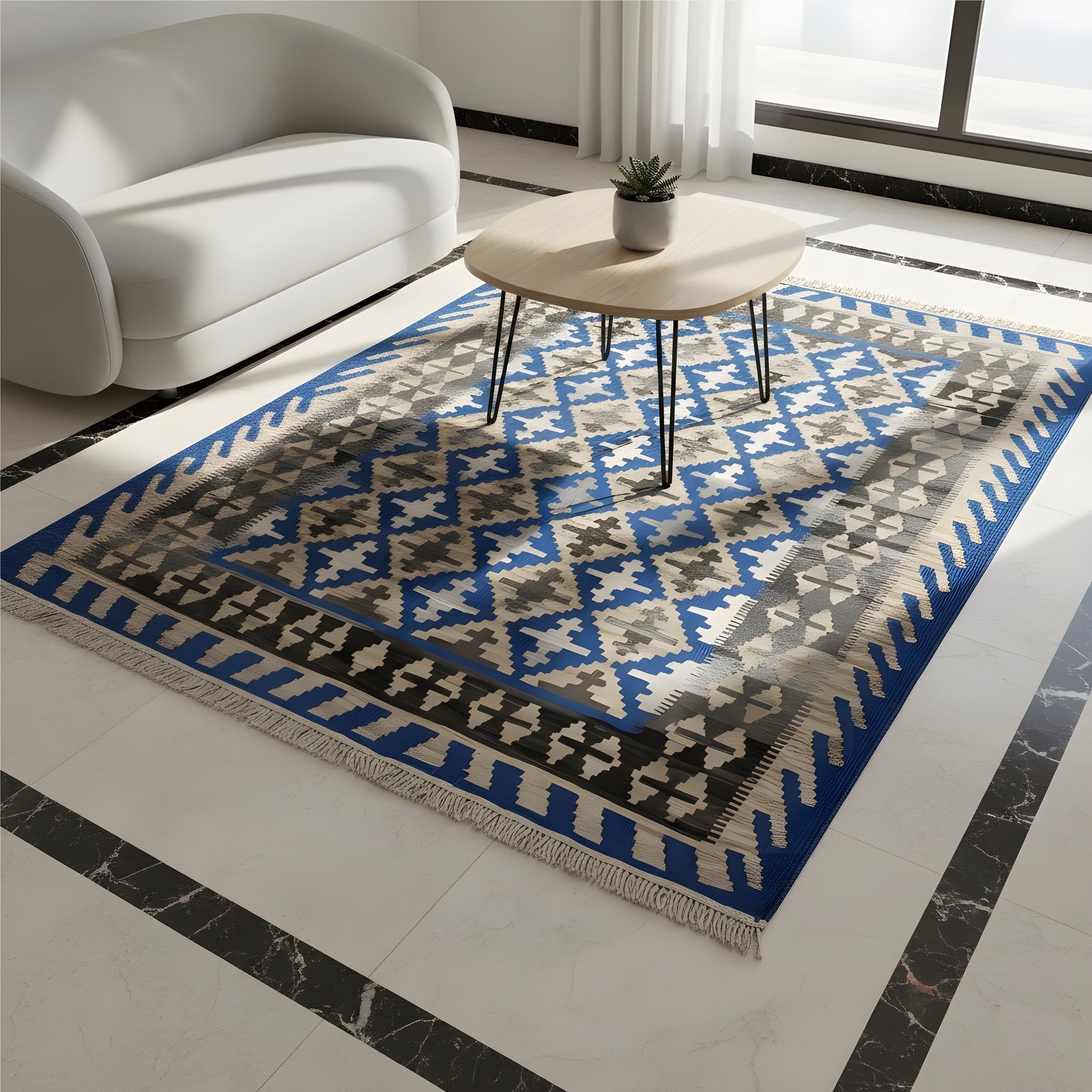Wohnzimmer Qashqai Kelim aus handversponnener Naturwolle in Blau und Beige im Tribal Stil