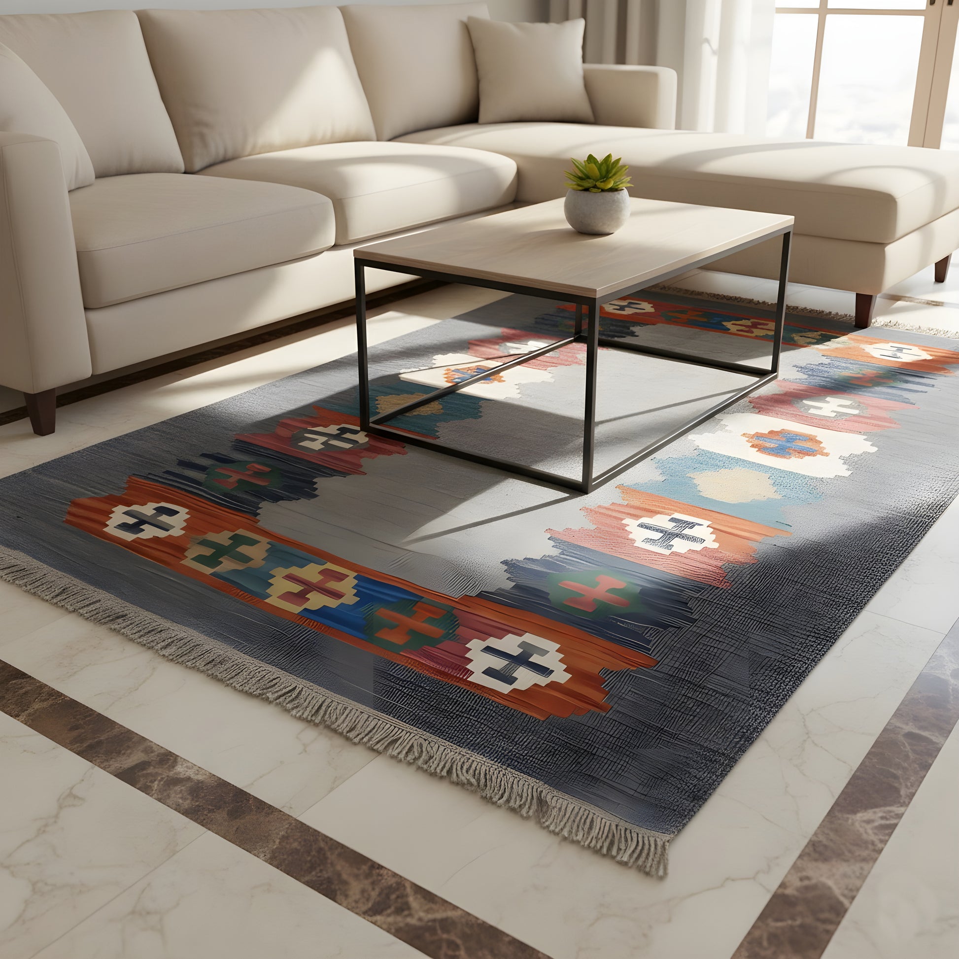 Wohnzimmer Kelim Qashqai Teppich aus Naturwolle, grauer Grundton mit bunten Akzenten