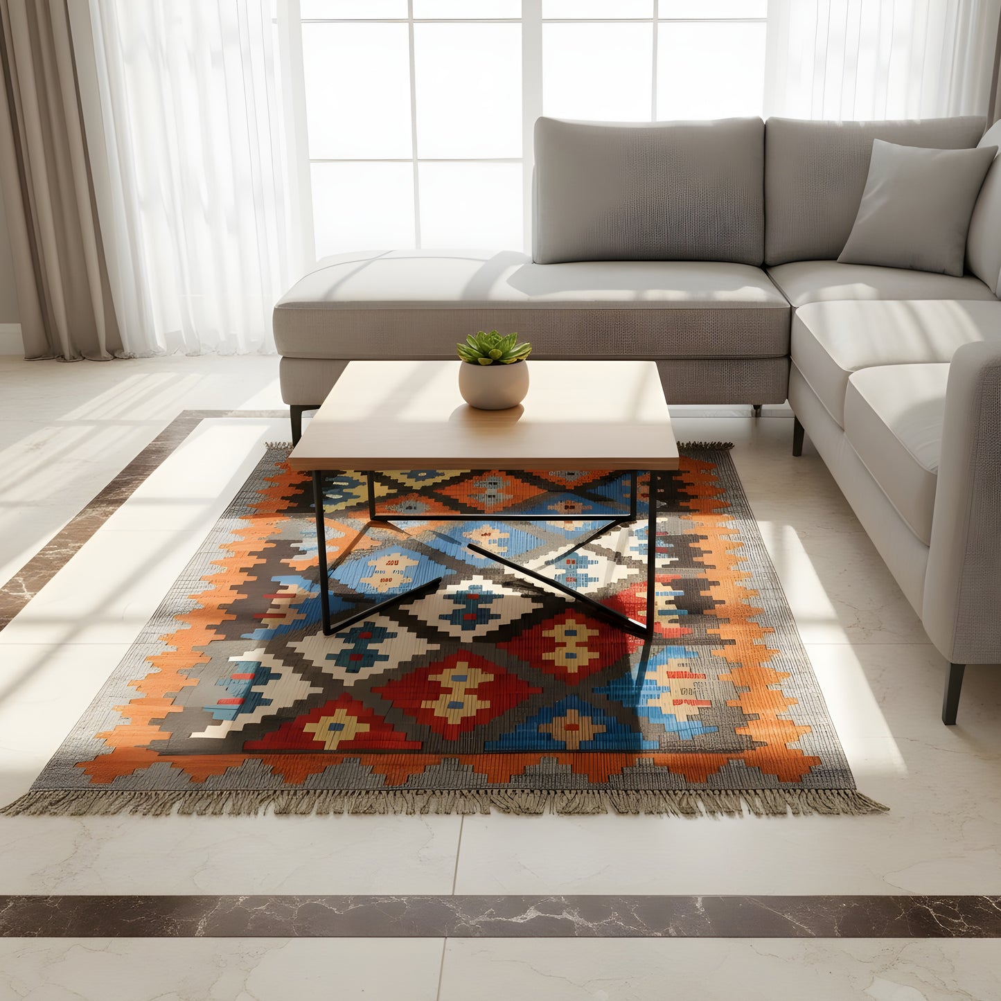 Wohnzimmer Kelim Qashqai Teppich aus Naturwolle, geometrisches Design in Grau und Orange