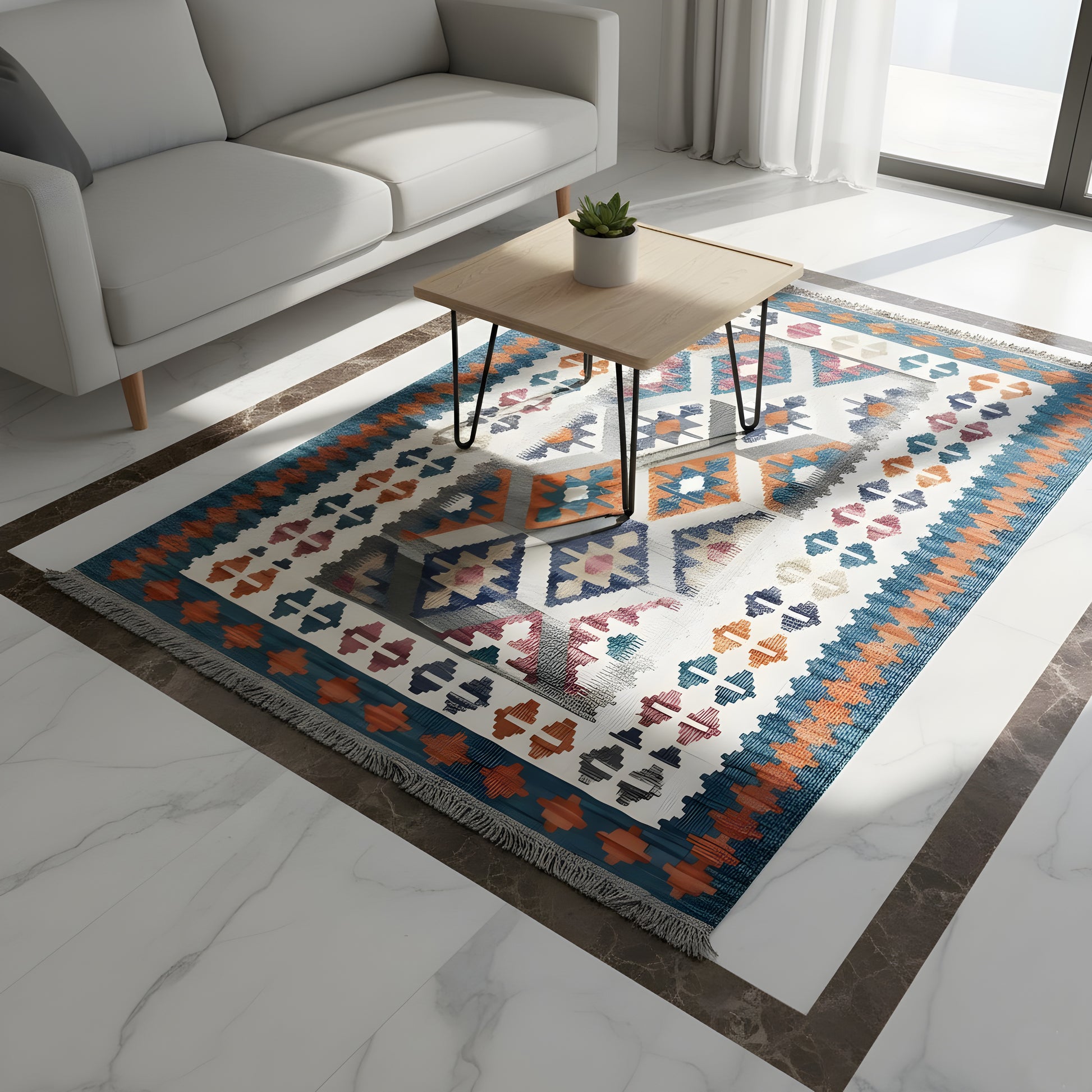 Wohnzimmer Blauer Qashqai Kelim mit geometrischem Rautenmuster und bunten Akzenten