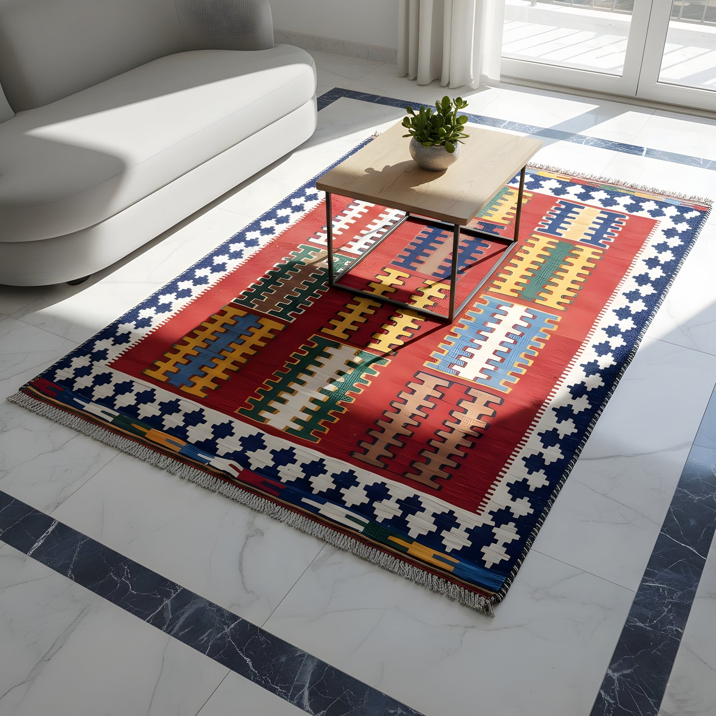 Wohnzimmer Traditioneller Kelim Teppich Qashqai mit geometrischem Blockmuster in Rot