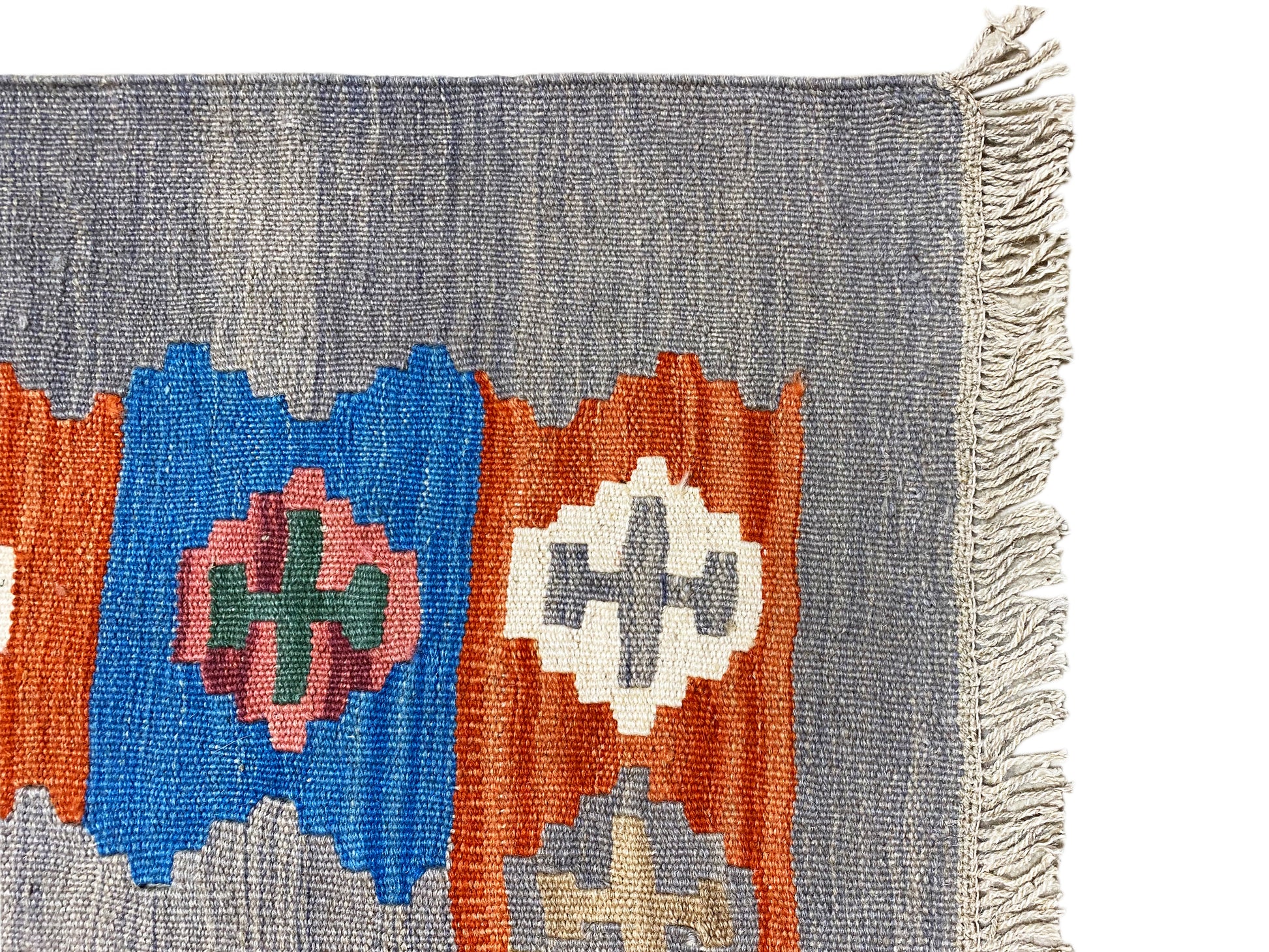 Ethno Teppich Kelim Qashqai, grauer Hintergrund mit farbiger Rahmenbordüre