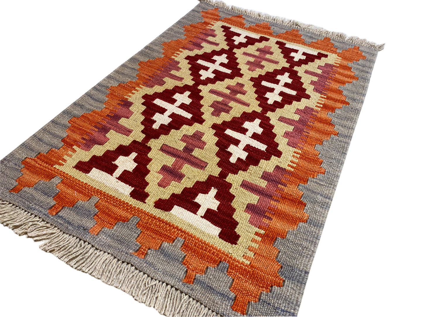 Flachgewebter Qashqai Kelim Teppich klein, rotes Muster mit Bordüre