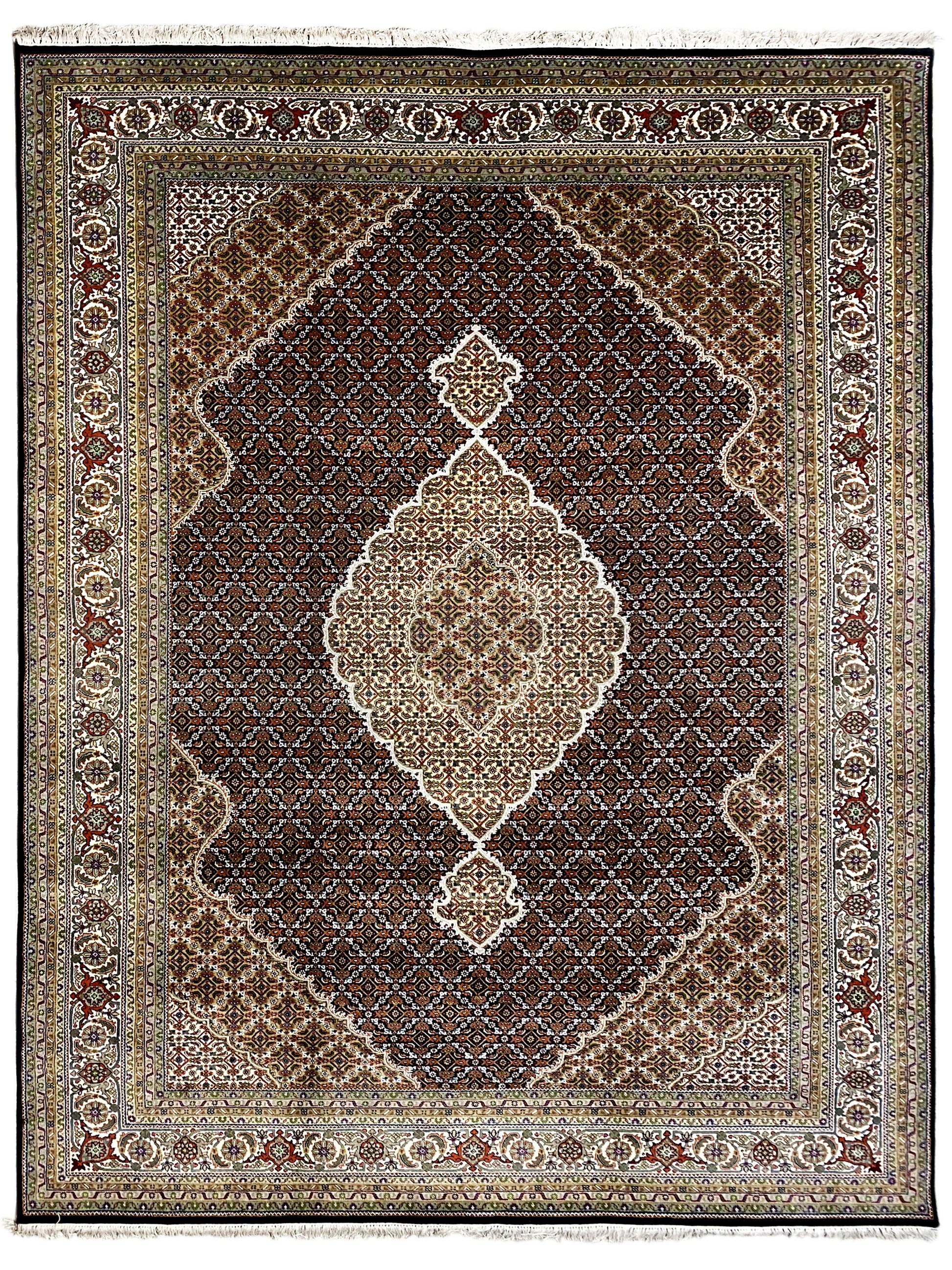 Indo Tabriz Teppich handgeknüpft aus Wolle und Seide in Braun Beige 353x242 cm