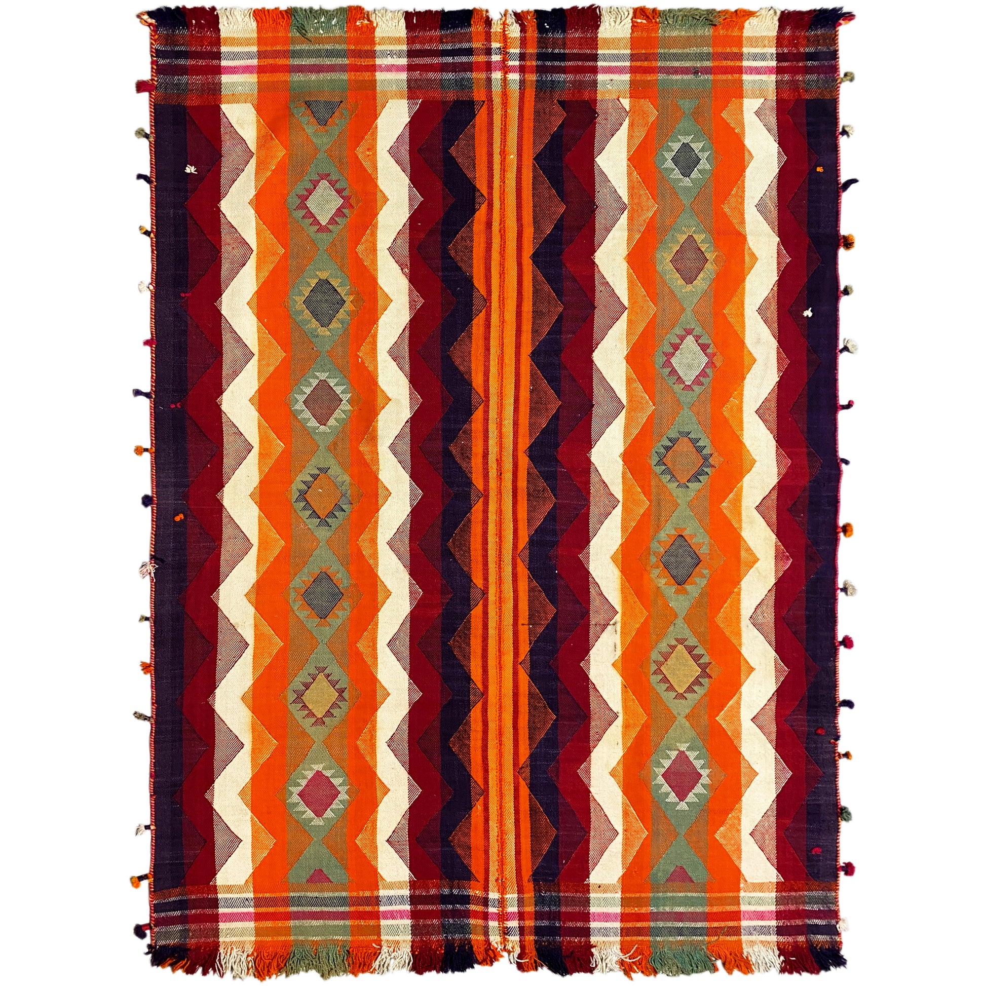 Wohnzimmer handgewebter Jajim Teppich in Orange und Rot mit markantem geometrischem Muster