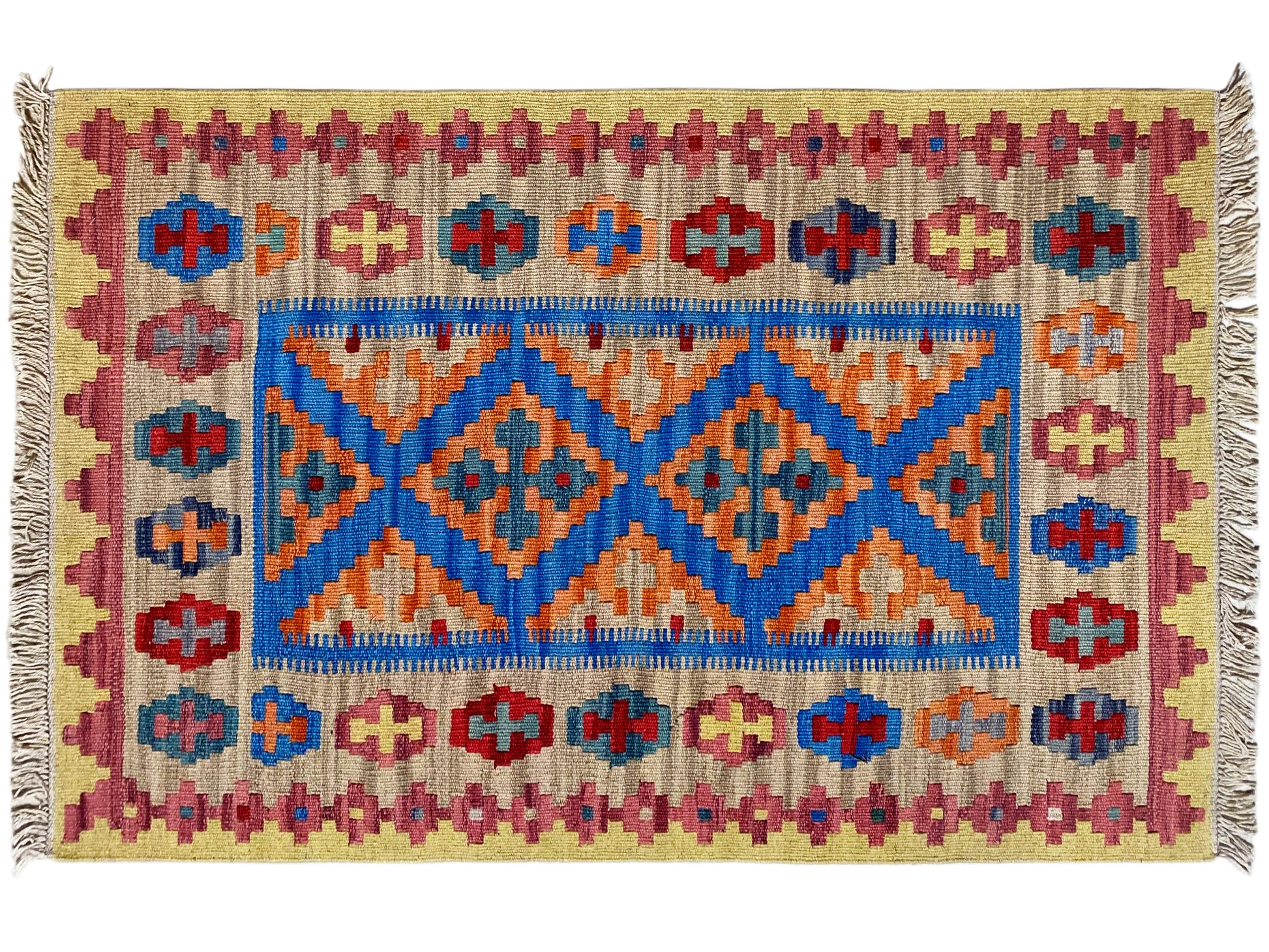 Flachgewebter Qashqai Kelim Teppich 142x84, Rauten- und X-Motiv