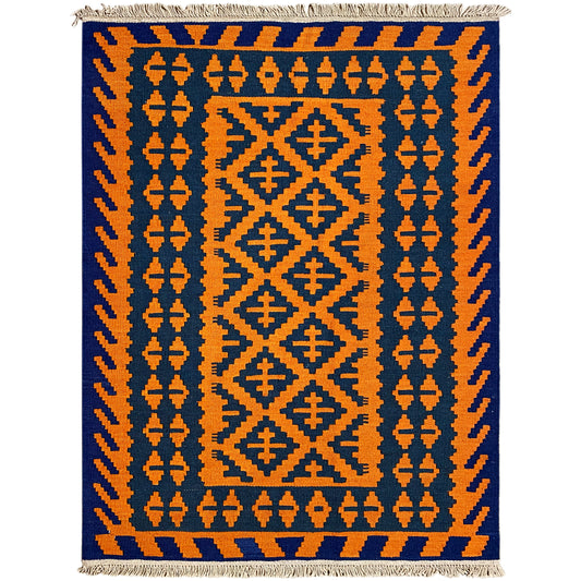 Handgewebter Kelim Qashqai Teppich in Blau und Orange mit Rautenmustern