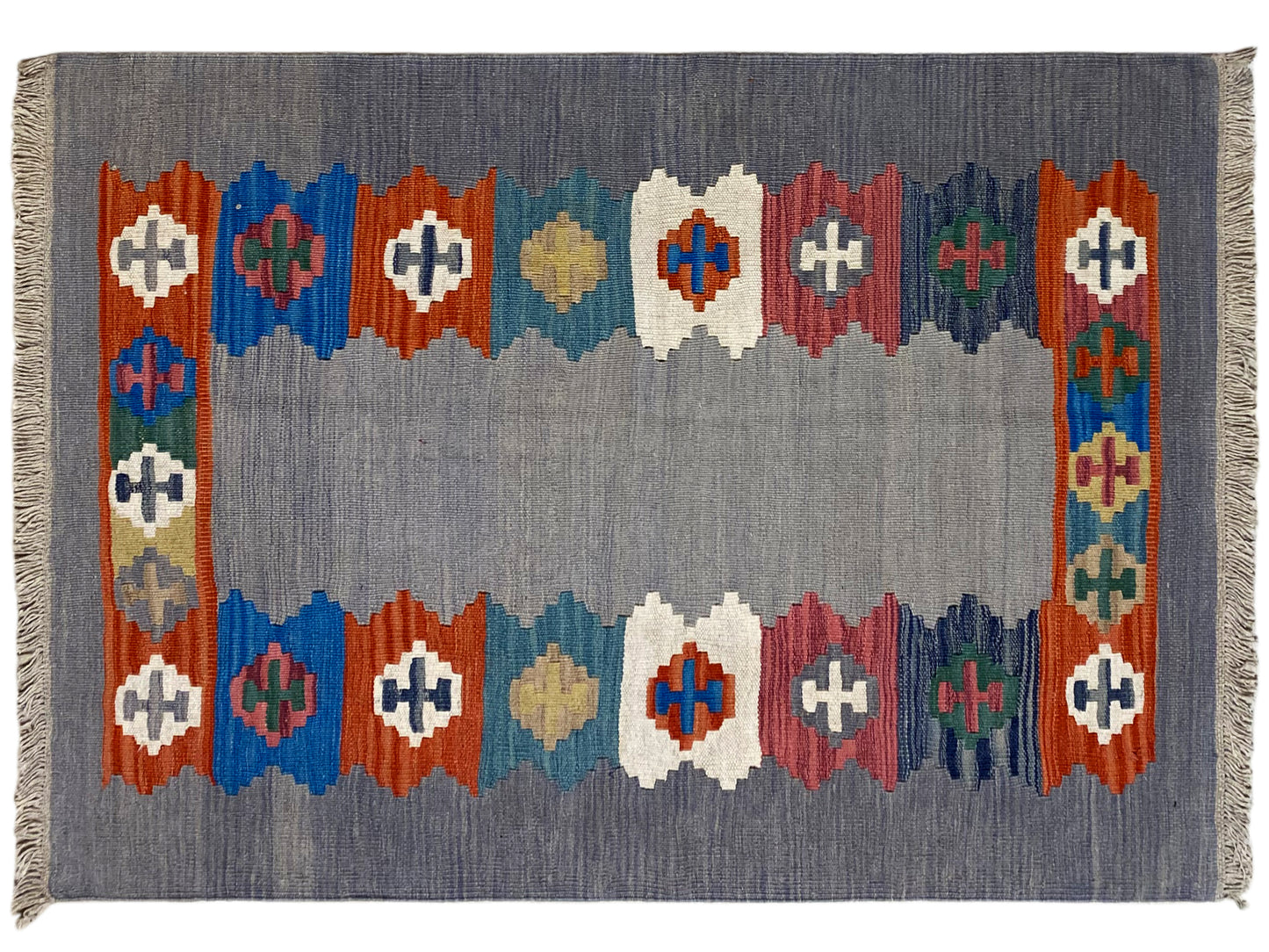 Flacher Woll-Kelim Teppich Qashqai, dekorative Bordüre, Größe 151x103