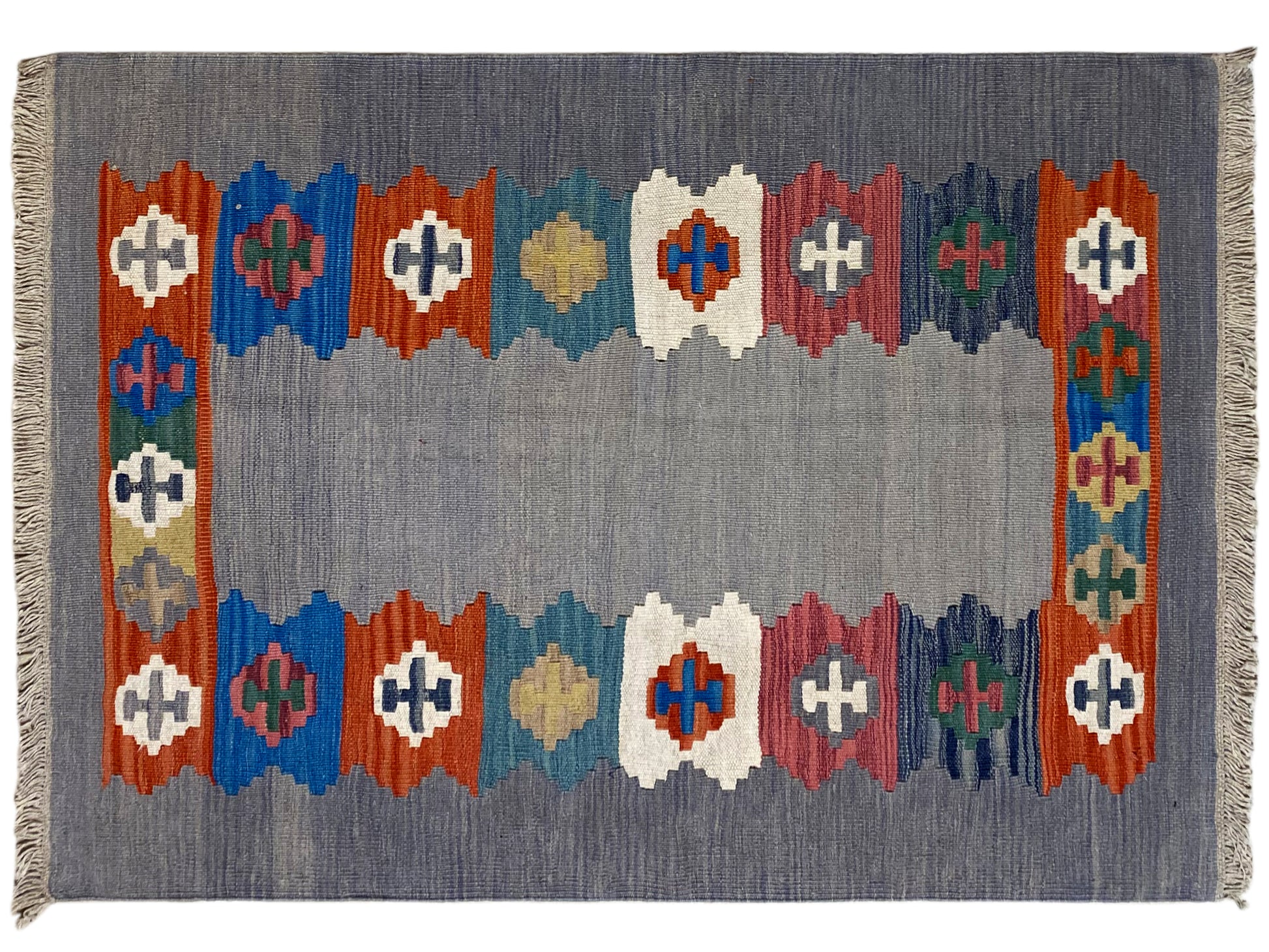 Flacher Woll-Kelim Teppich Qashqai, dekorative Bordüre, Größe 151x103