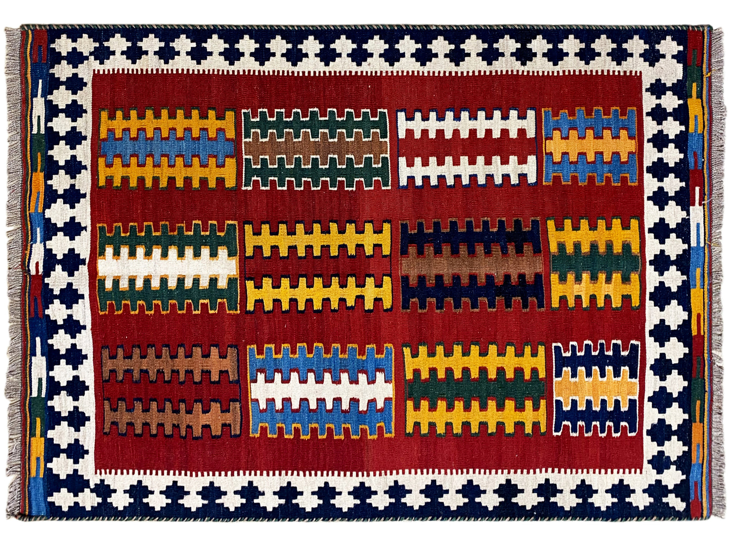 Vintage Qashqai Kelim Teppich aus 100% Naturfaser mit Blockmustern