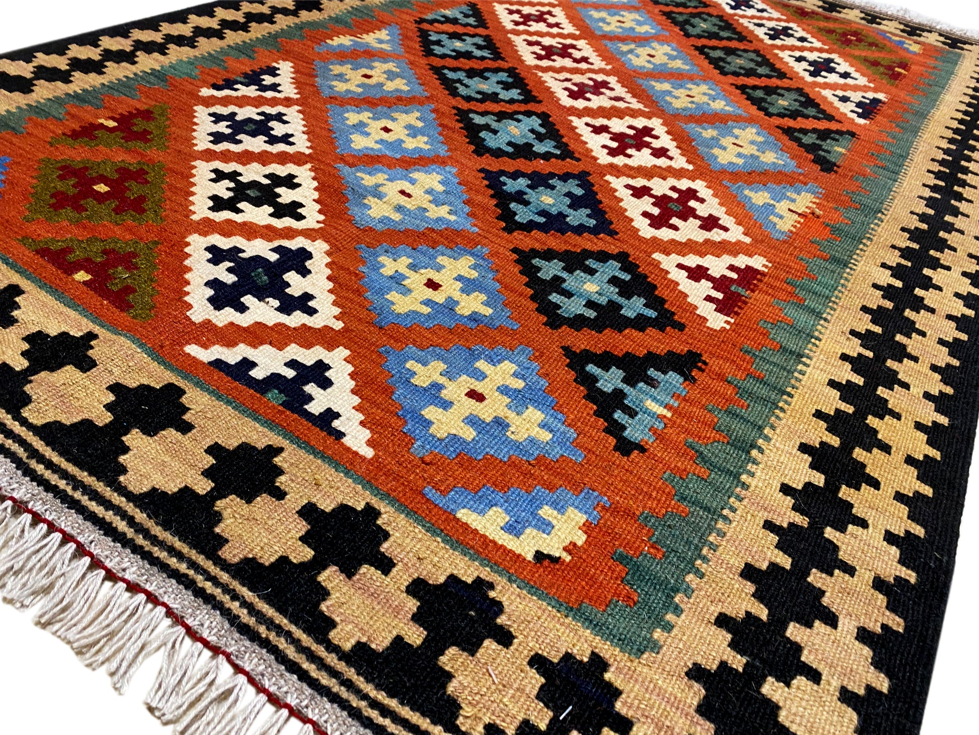 Ethno Teppich Kelim orange handgewebt mit Rauten und Kontrastfarben