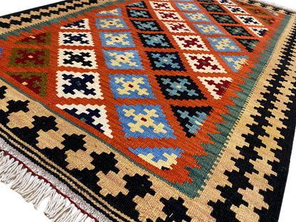 Ethno Teppich Kelim orange handgewebt mit Rauten und Kontrastfarben