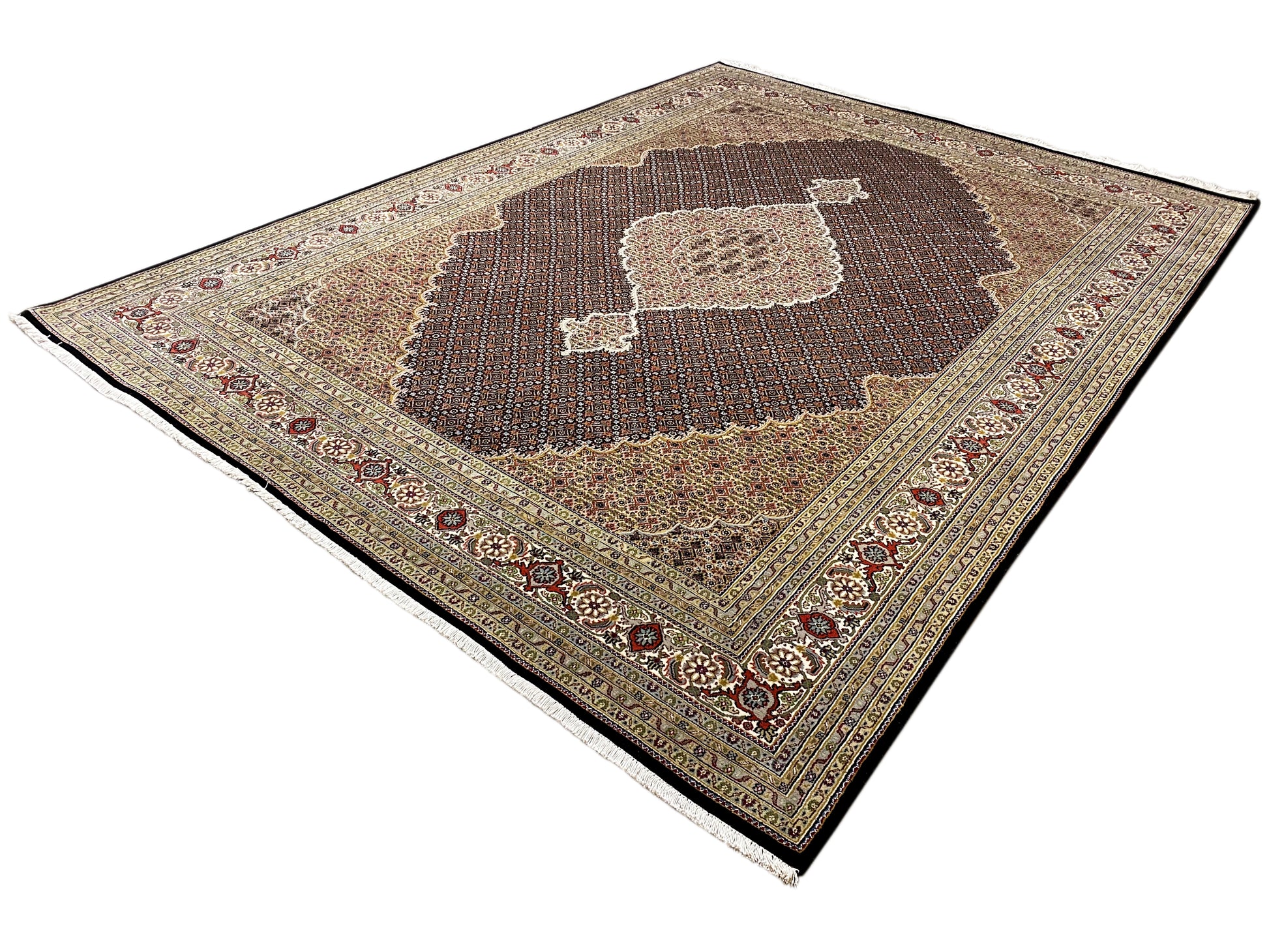 Großer Orientteppich Indo Tabriz 348x253 cm traditionelles Design in Braun Beige